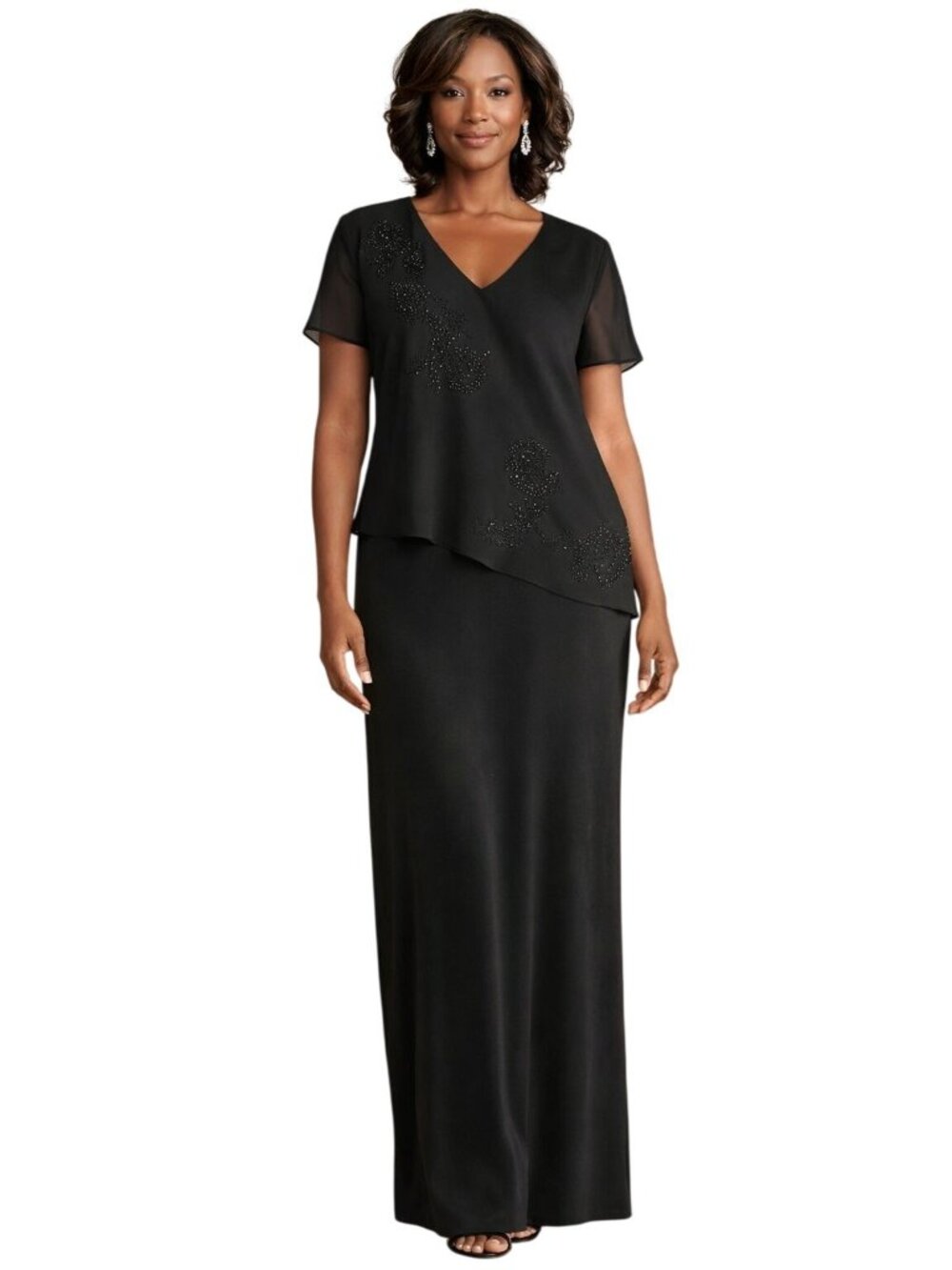Studio 1 Size 16 Sheer Overlay Beaded Lined Short Sleeve Maxi V-Neckline Dress